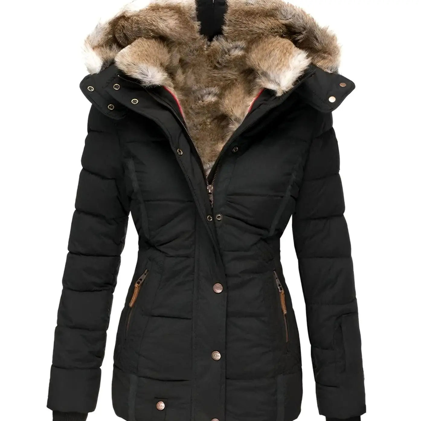 Women's Quilted Hooded Faux Fur Trim Puffer Jacket - Black