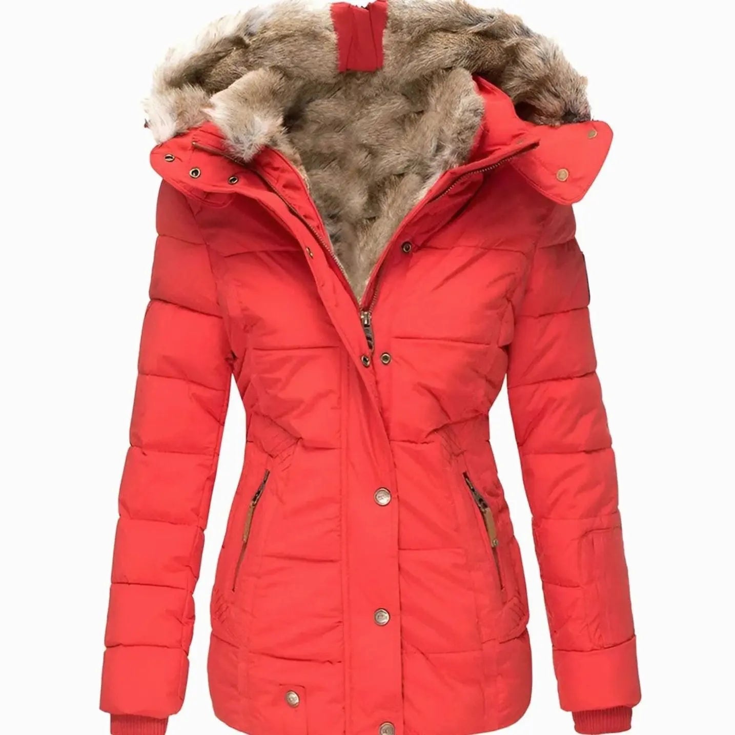 Women's Quilted Hooded Faux Fur Trim Puffer Jacket - Red