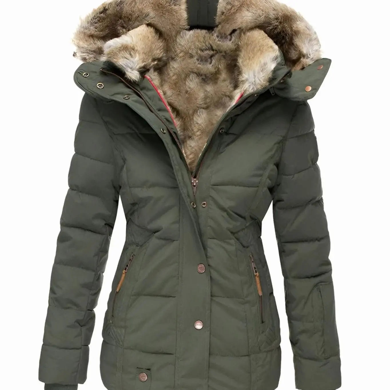 Women's Quilted Hooded Faux Fur Trim Puffer Jacket - Green