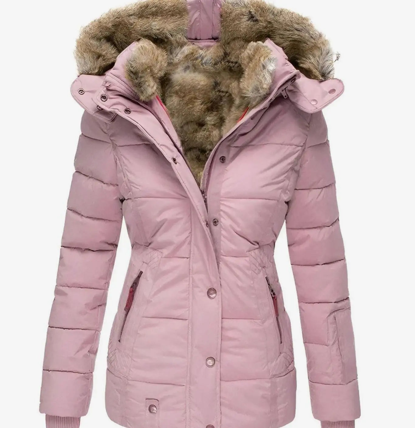Women's Quilted Hooded Faux Fur Trim Puffer Jacket - Pink