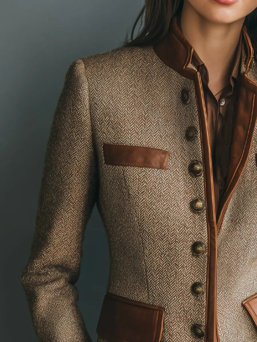 Women's Quilted Jacket Herringbone Tweed Leather-Trim Button-Up Blazer