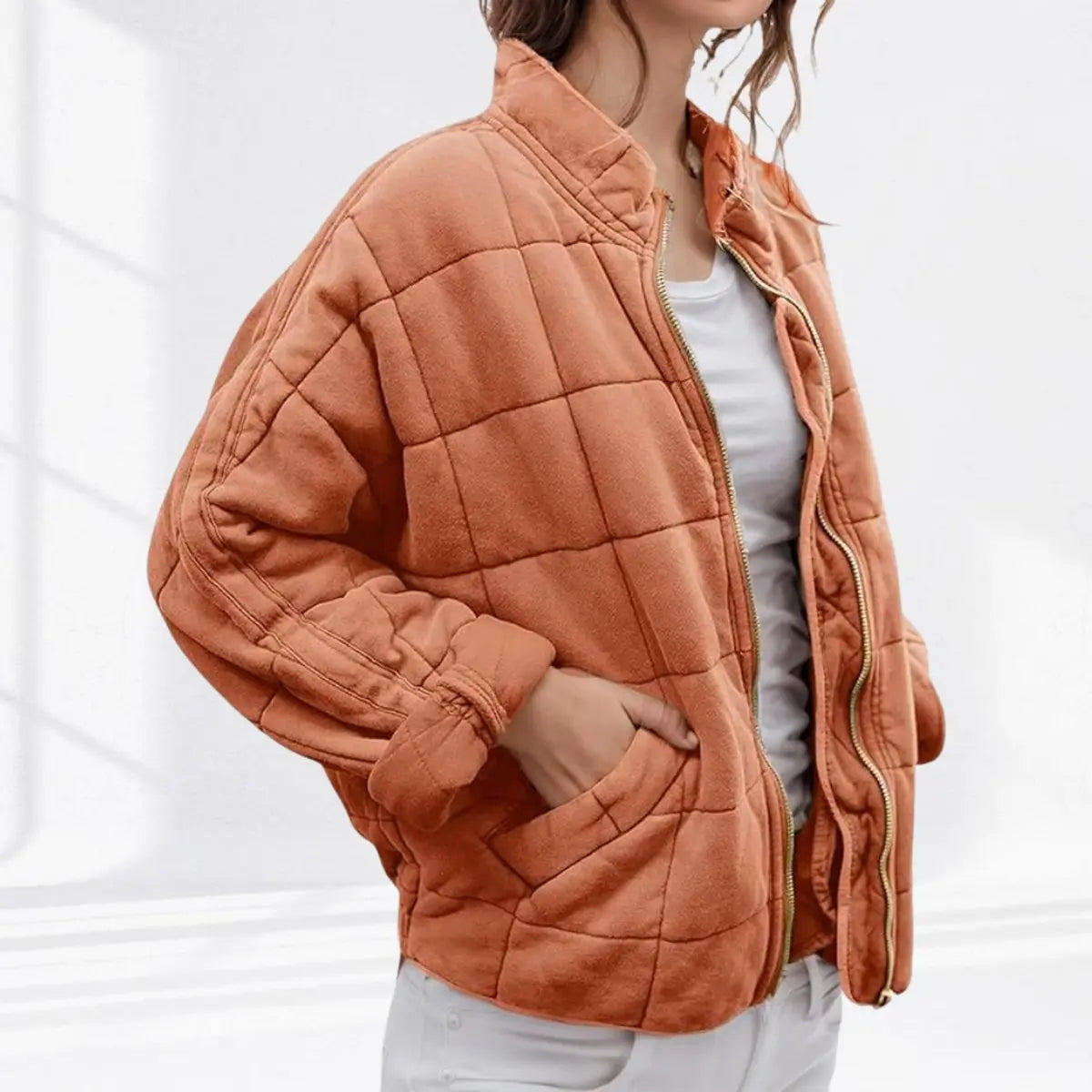 Women's Quilted Jacket Zip-Up Lightweight Stand Collar Padded Coat - Peach