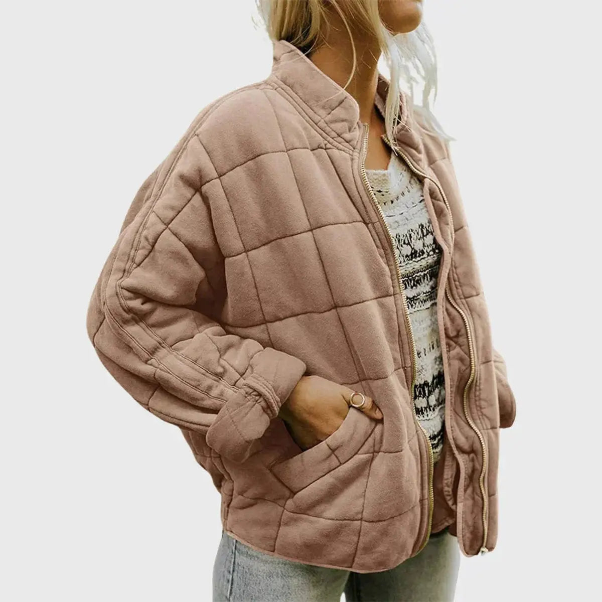 Women's Quilted Jacket Zip-Up Lightweight Stand Collar Padded Coat - Khaki