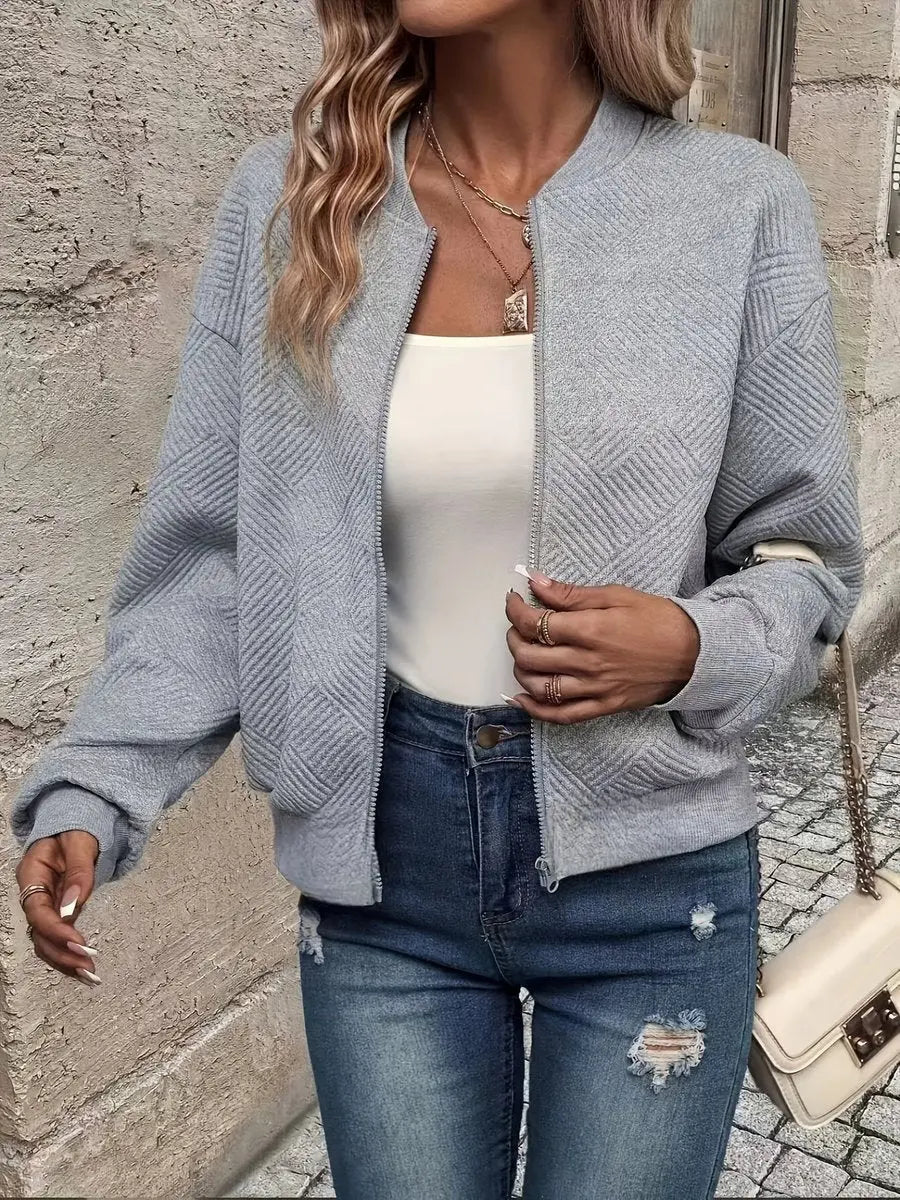 Women's Quilted Jacket Zip-Up Textured Bomber Cropped Sweatshirt - Grey