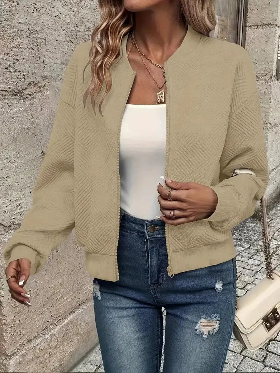 Women's Quilted Jacket Zip-Up Textured Bomber Cropped Sweatshirt - Khaki