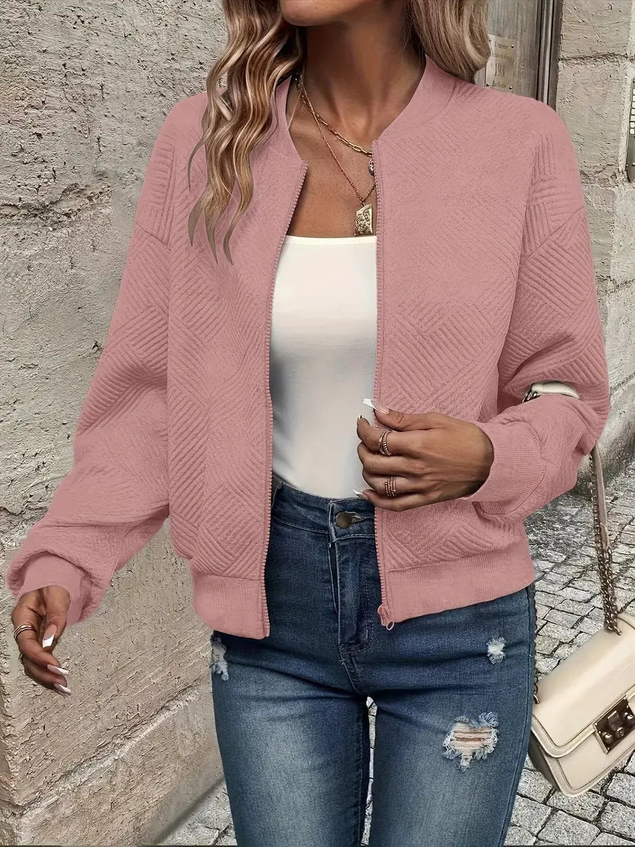 Women's Quilted Jacket Zip-Up Textured Bomber Cropped Sweatshirt - Pink