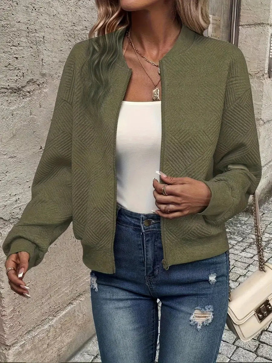 Women's Quilted Jacket Zip-Up Textured Bomber Cropped Sweatshirt - Olive Green