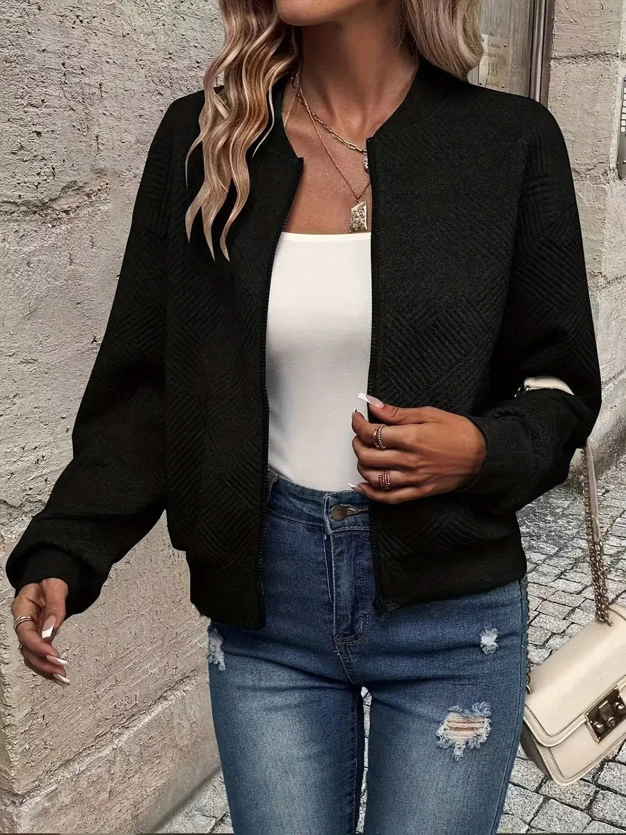 Women's Quilted Jacket Zip-Up Textured Bomber Cropped Sweatshirt - Black