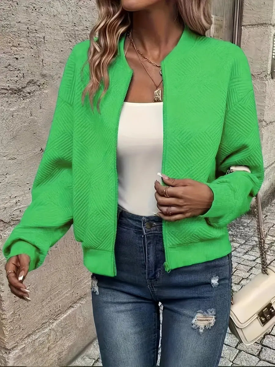 Women's Quilted Jacket Zip-Up Textured Bomber Cropped Sweatshirt