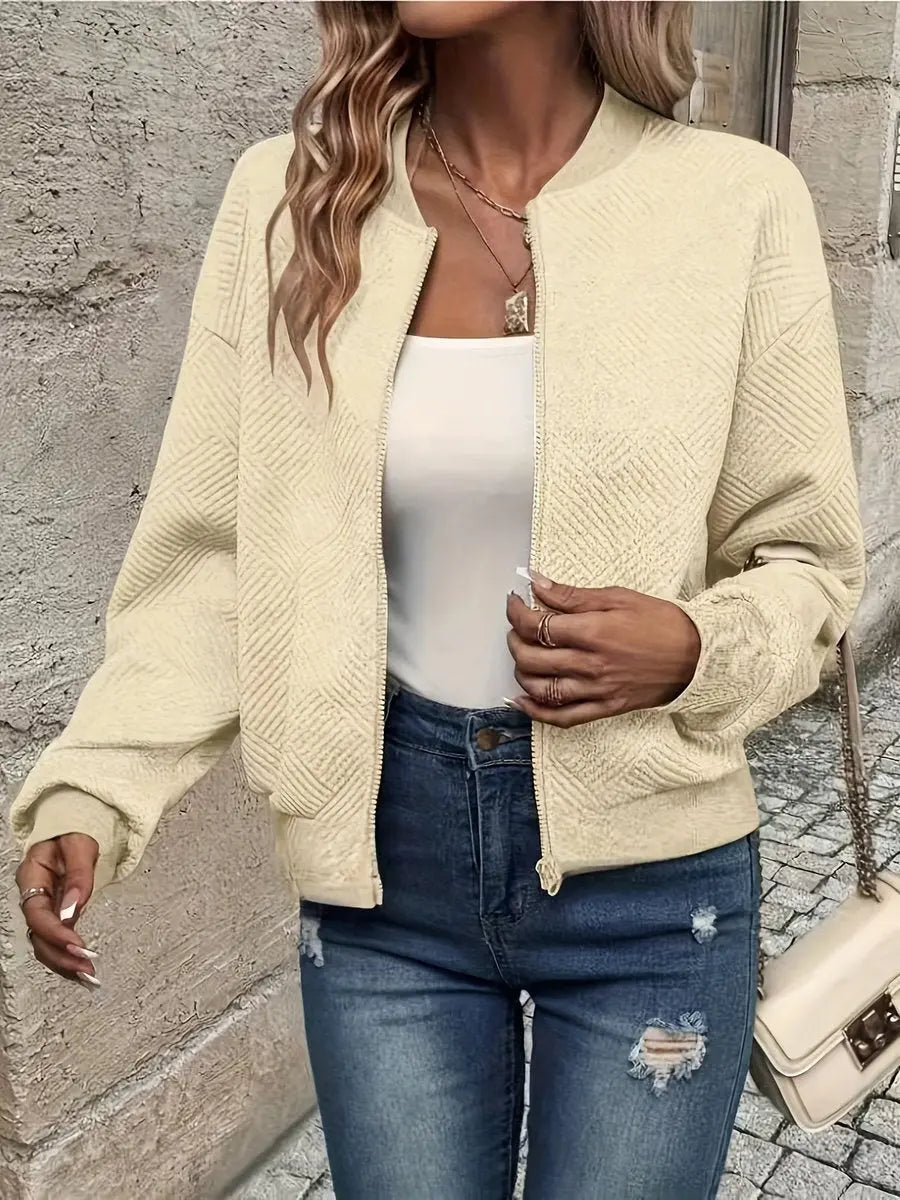 Women's Quilted Jacket Zip-Up Textured Bomber Cropped Sweatshirt - Apricot