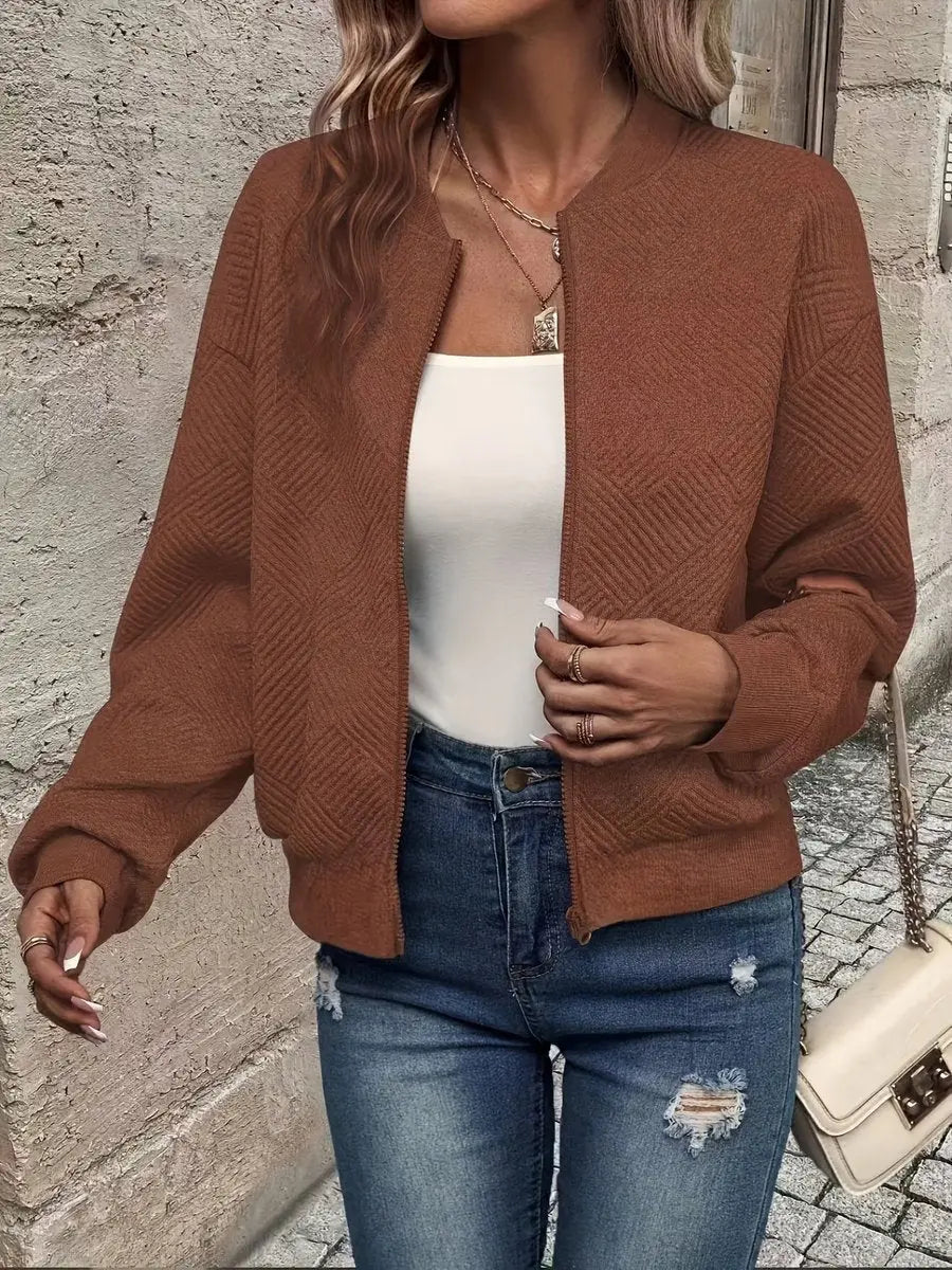 Women's Quilted Jacket Zip-Up Textured Bomber Cropped Sweatshirt - Dark Brown
