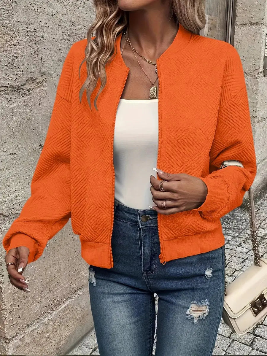 Women's Quilted Jacket Zip-Up Textured Bomber Cropped Sweatshirt - Orange
