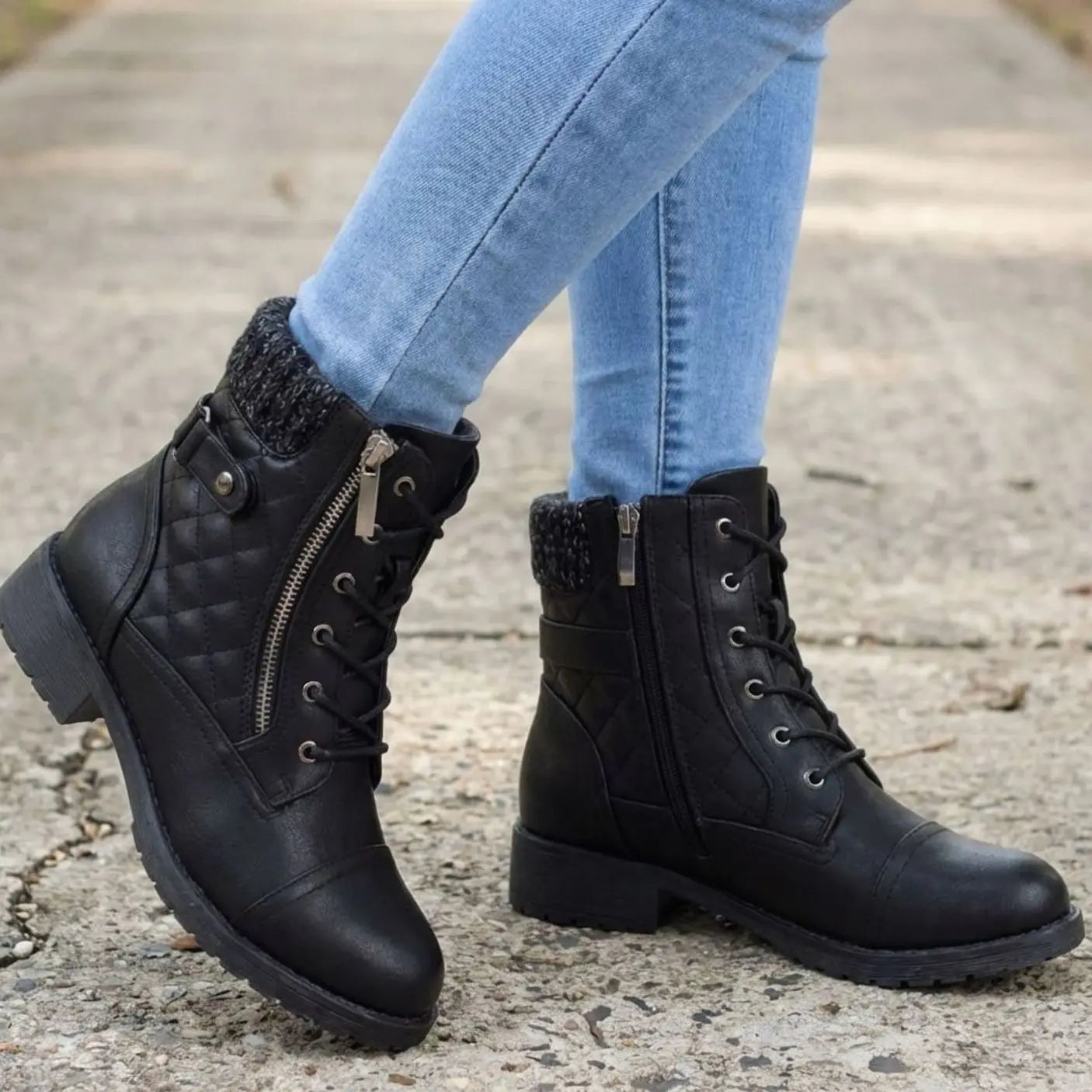 Women's Quilted Lace-Up Block Heel Ankle Boots - Black