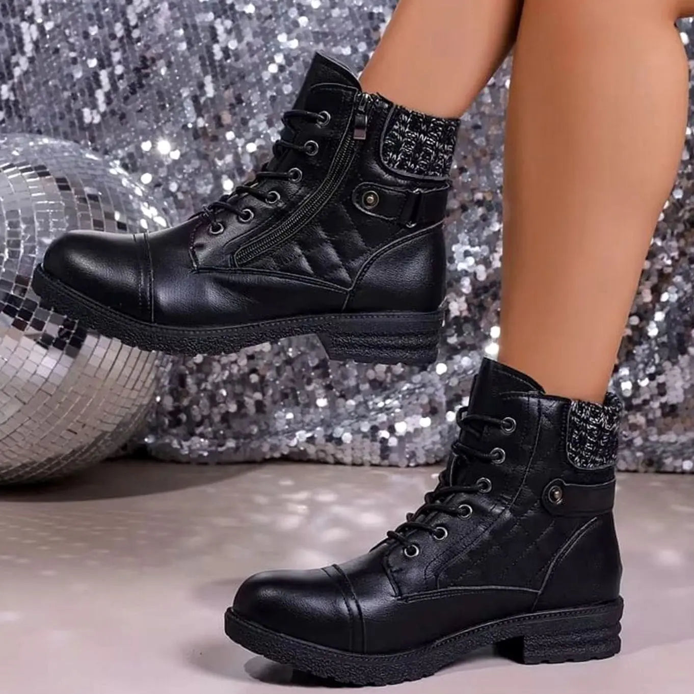 Women's Quilted Lace-Up Block Heel Ankle Boots