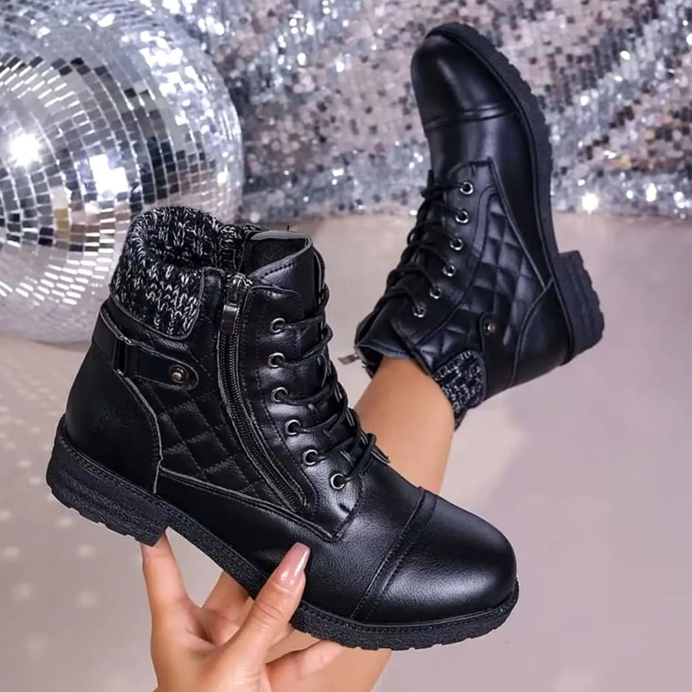 Women's Quilted Lace-Up Block Heel Ankle Boots
