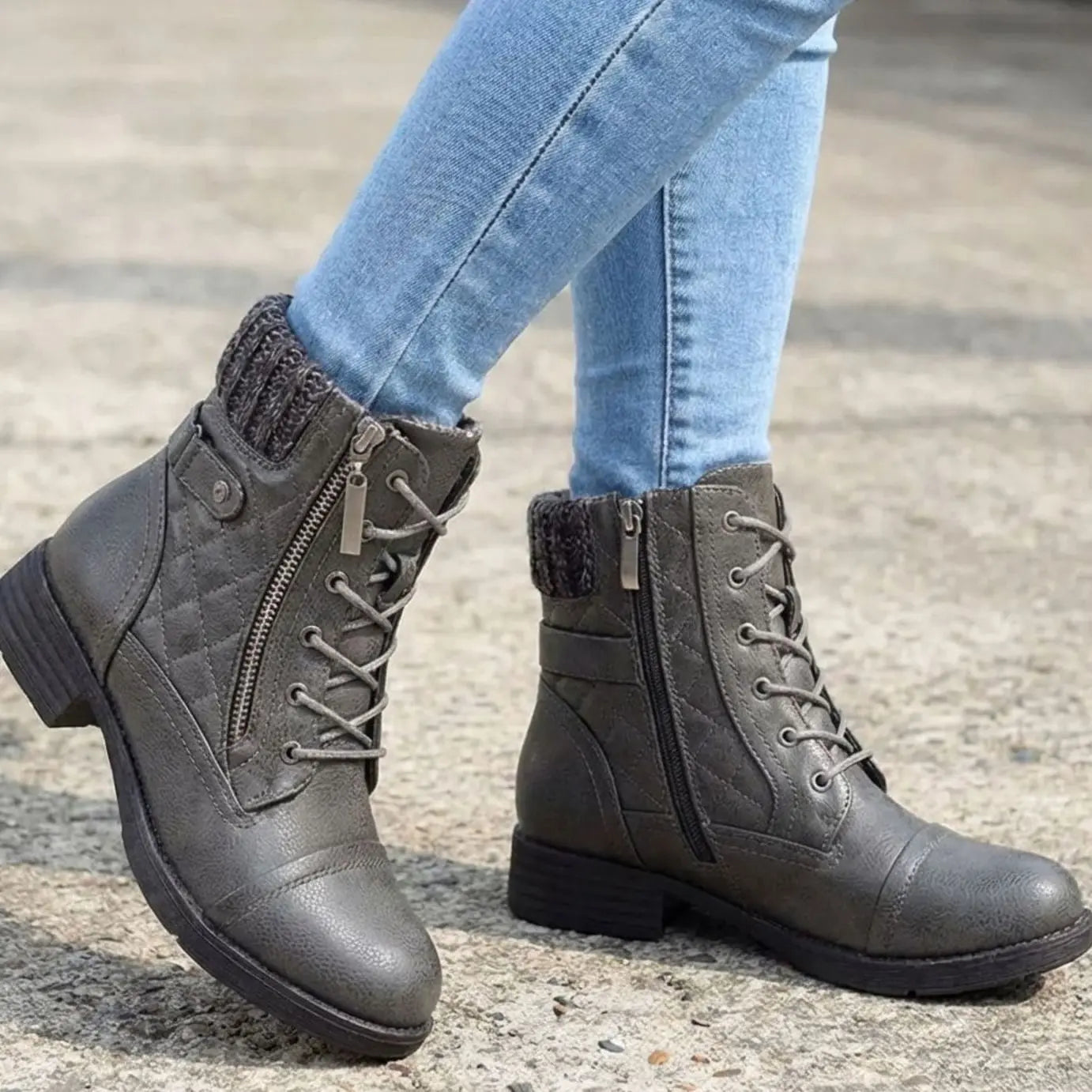 Women's Quilted Lace-Up Block Heel Ankle Boots - Grey