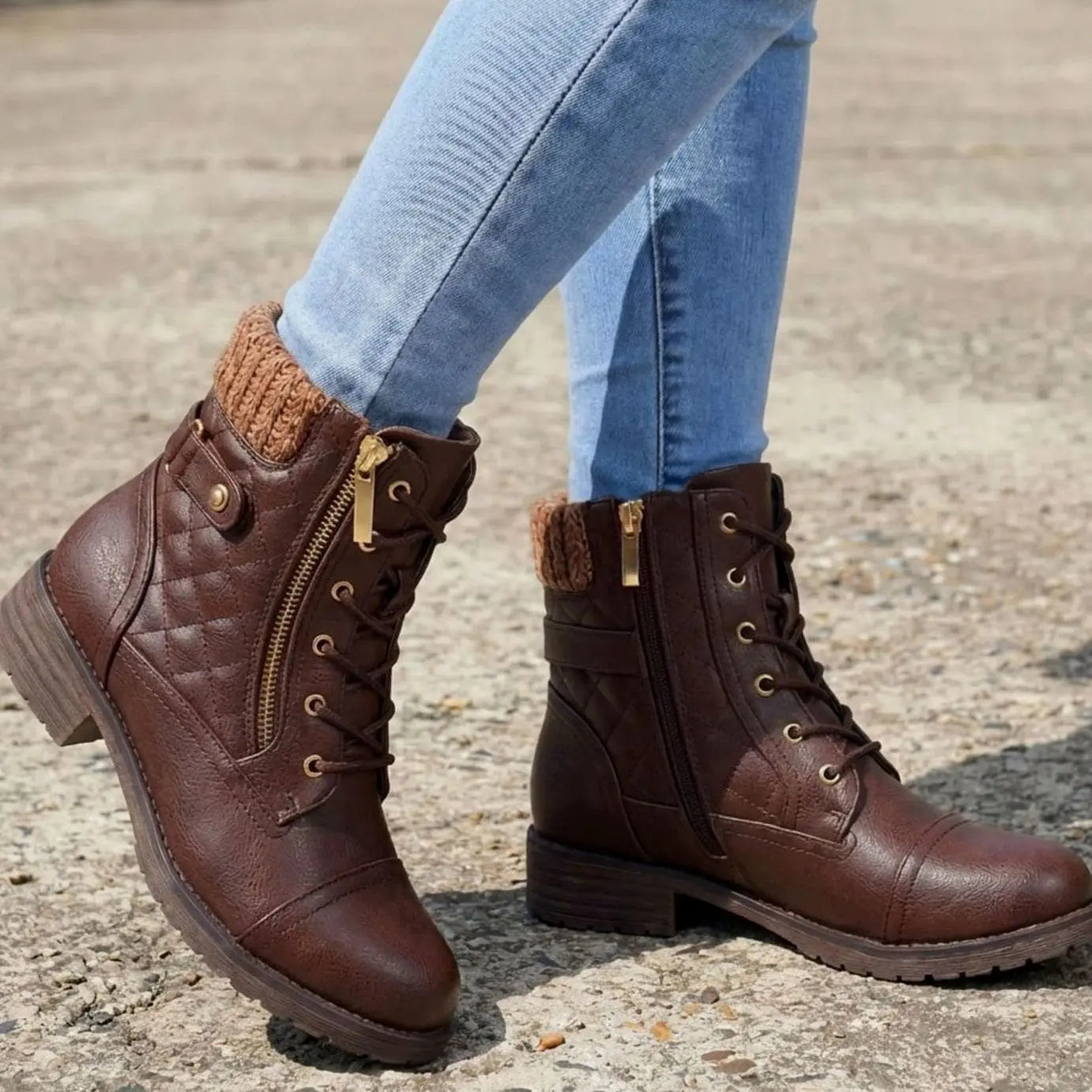 Women's Quilted Lace-Up Block Heel Ankle Boots - Dark Brown