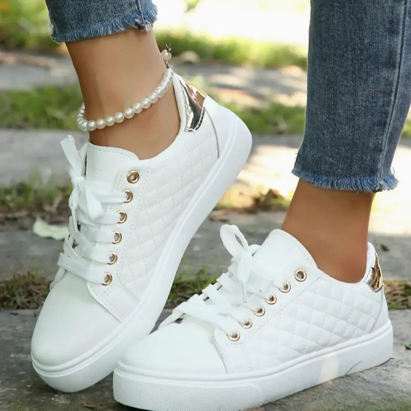 Women's Quilted Lace-Up Orthopaedic Shoes Gold-Detail Trainers