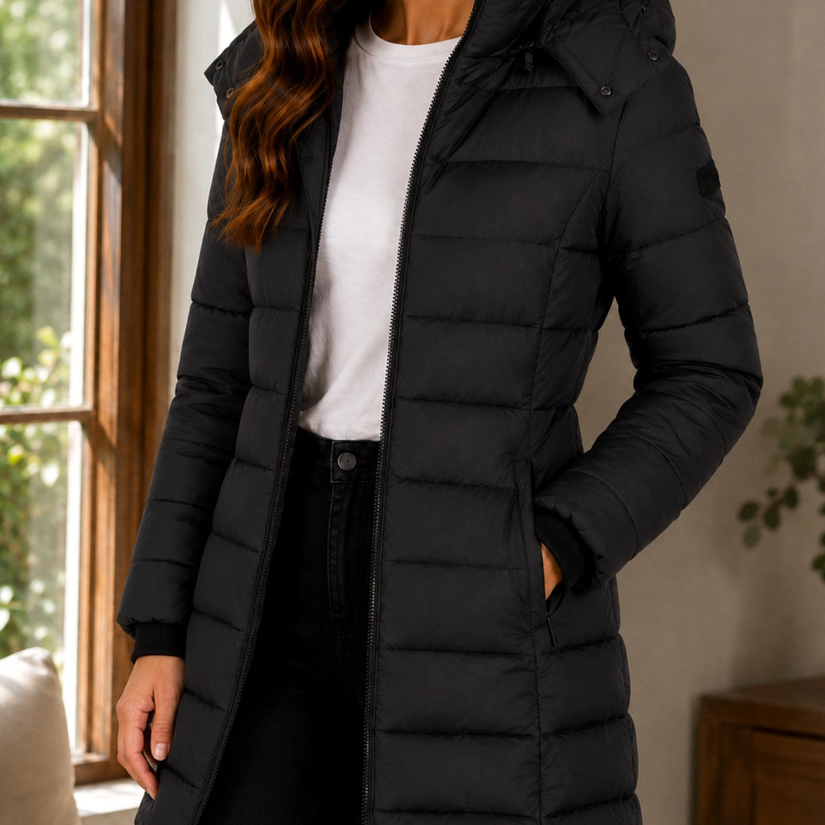 Women's Quilted Longline Hooded Winter Coat - Black