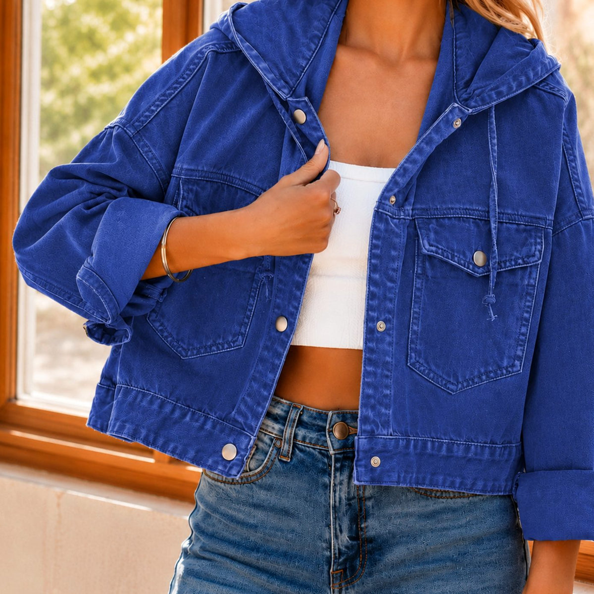 Women's Relaxed Cropped Hooded Denim Jacket Snap Closure - Royal Blue