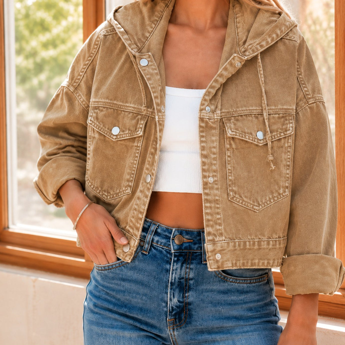Women's Relaxed Cropped Hooded Denim Jacket Snap Closure - Camel