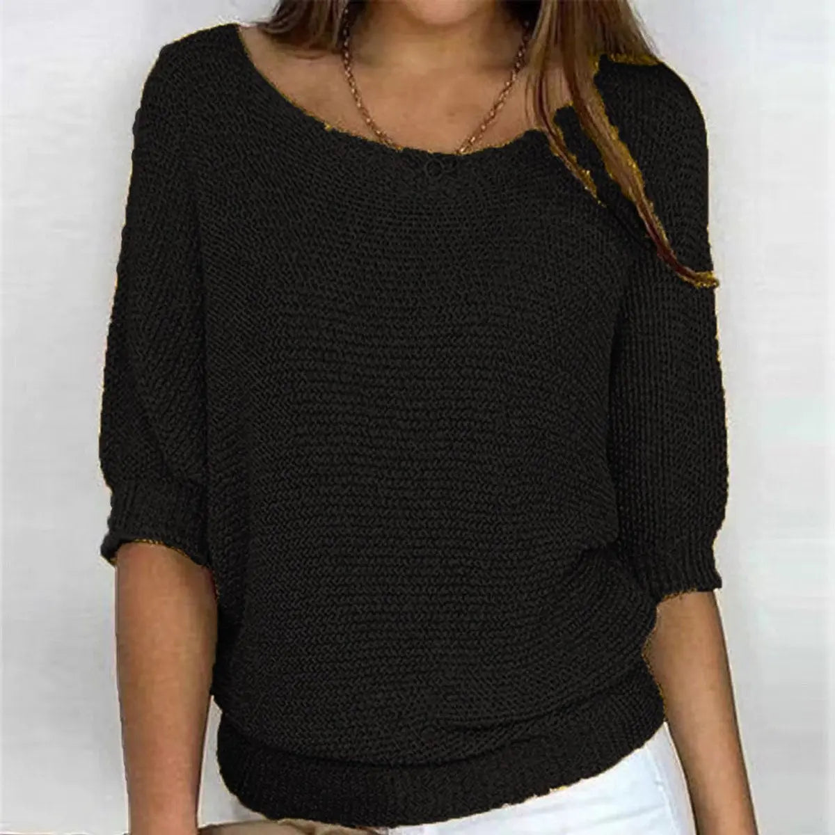 Women's Relaxed-Fit Batwing-Sleeve Knit Sweater - Black