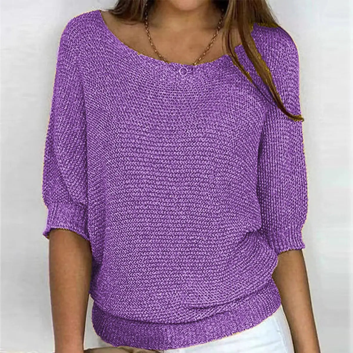 Women's Relaxed-Fit Batwing-Sleeve Knit Sweater - Purple