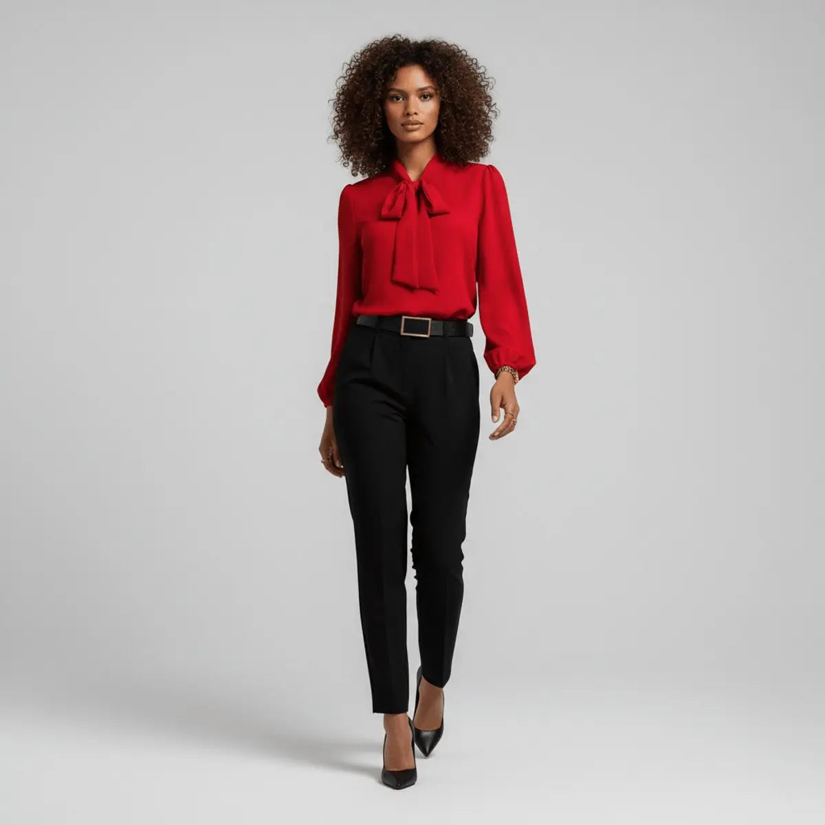 Women's Relaxed-Fit Bow Tie Neck Long Sleeve Blouse