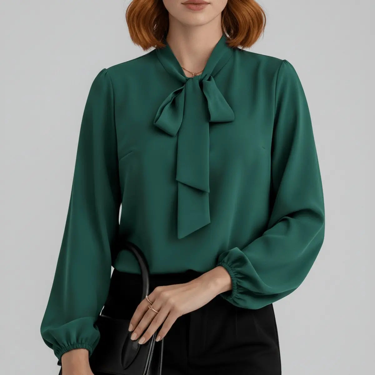 Women's Relaxed-Fit Bow Tie Neck Long Sleeve Blouse - Forest Green