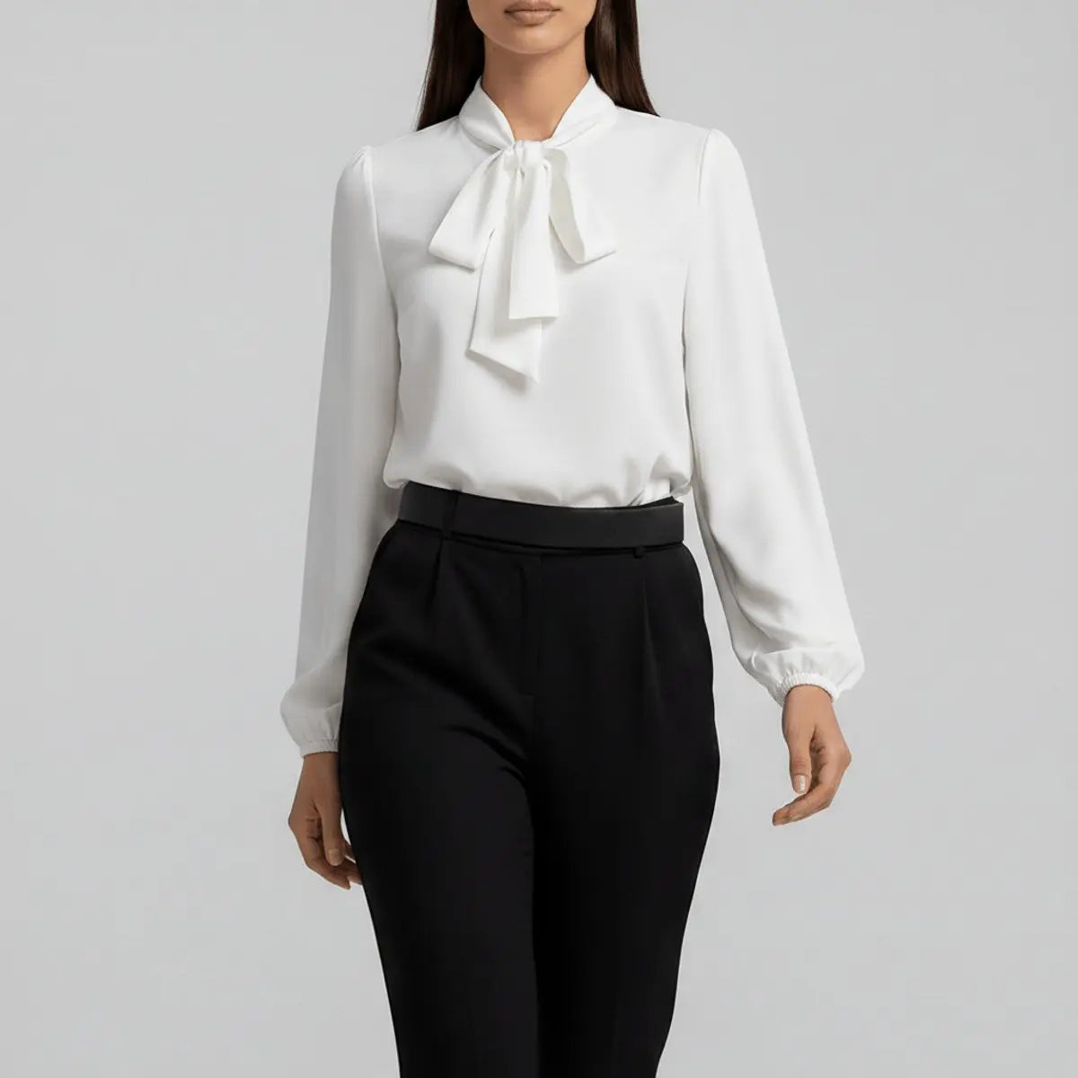Women's Relaxed-Fit Bow Tie Neck Long Sleeve Blouse - Pure White