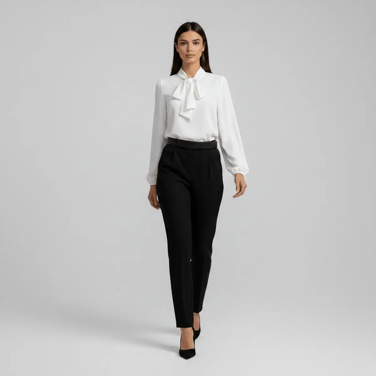 Women's Relaxed-Fit Bow Tie Neck Long Sleeve Blouse