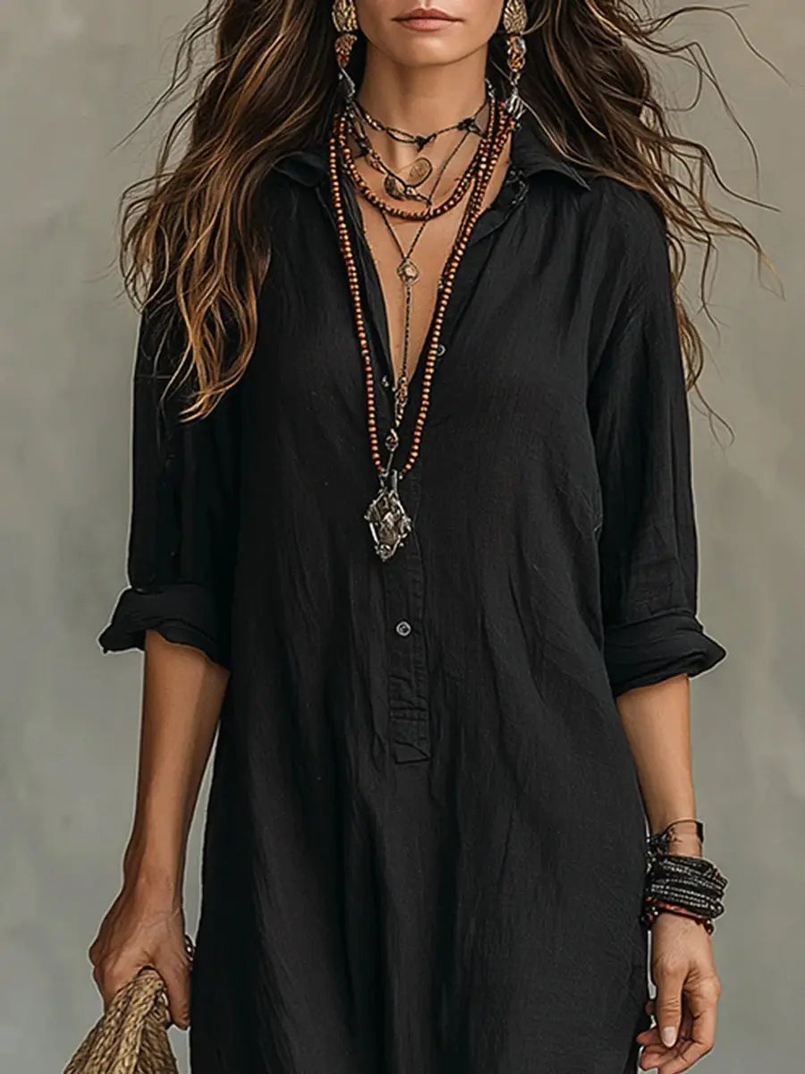 Women's Relaxed-Fit Button-Down Maxi Long Sleeve Dress