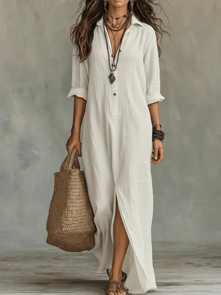 Women's Relaxed-Fit Button-Down Maxi Long Sleeve Dress - White