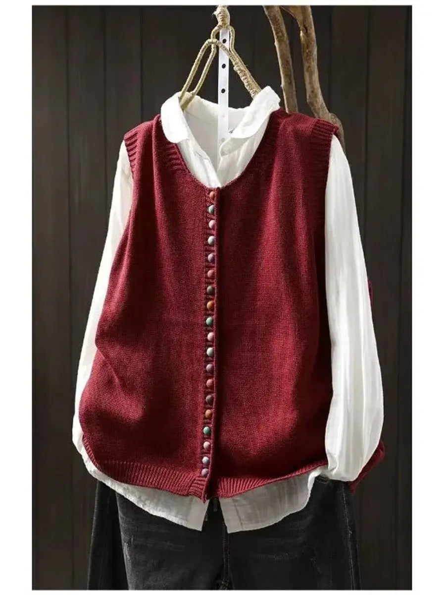 Women's Relaxed-Fit Button-Up Knitted Sleeveless Vest - Red