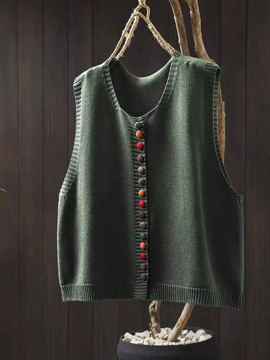 Women's Relaxed-Fit Button-Up Knitted Sleeveless Vest - Green