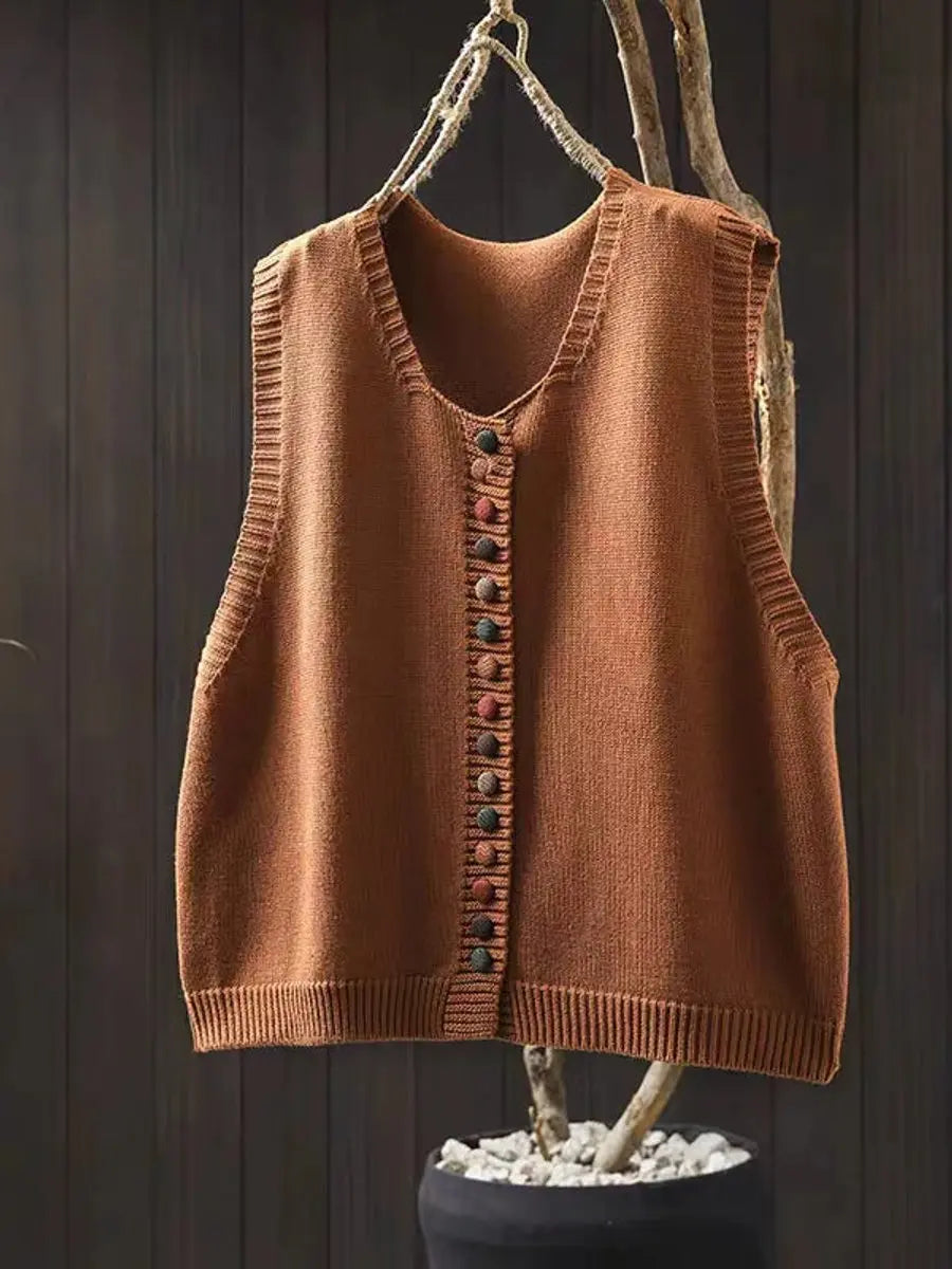Women's Relaxed-Fit Button-Up Knitted Sleeveless Vest - Orange