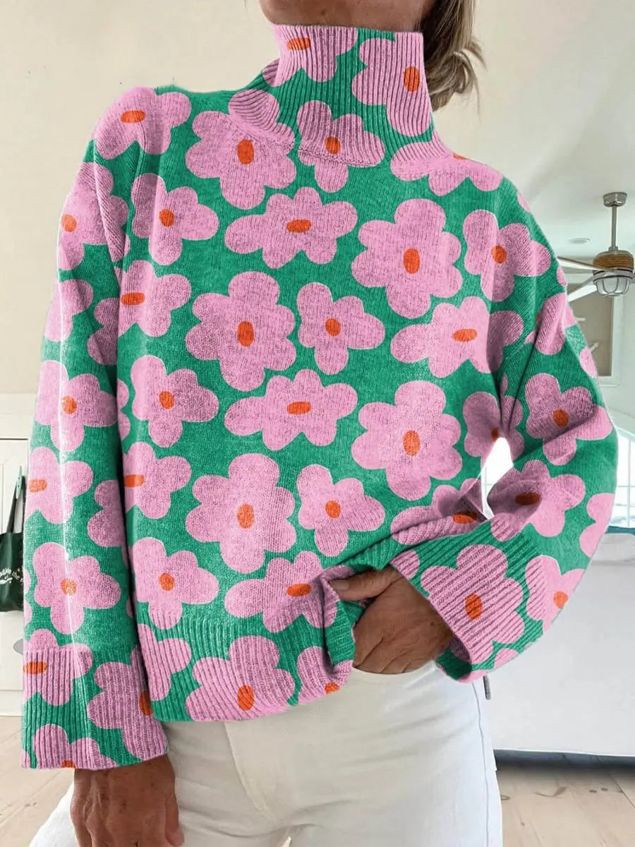 Women's Relaxed-Fit Floral Knit Turtleneck Sweater - Multicolour