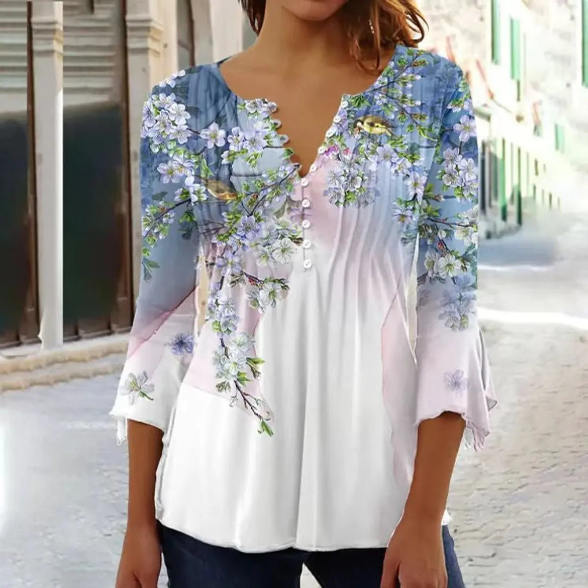 Women's Relaxed-Fit Floral Long-Sleeve Henley Blouse - White-Blue