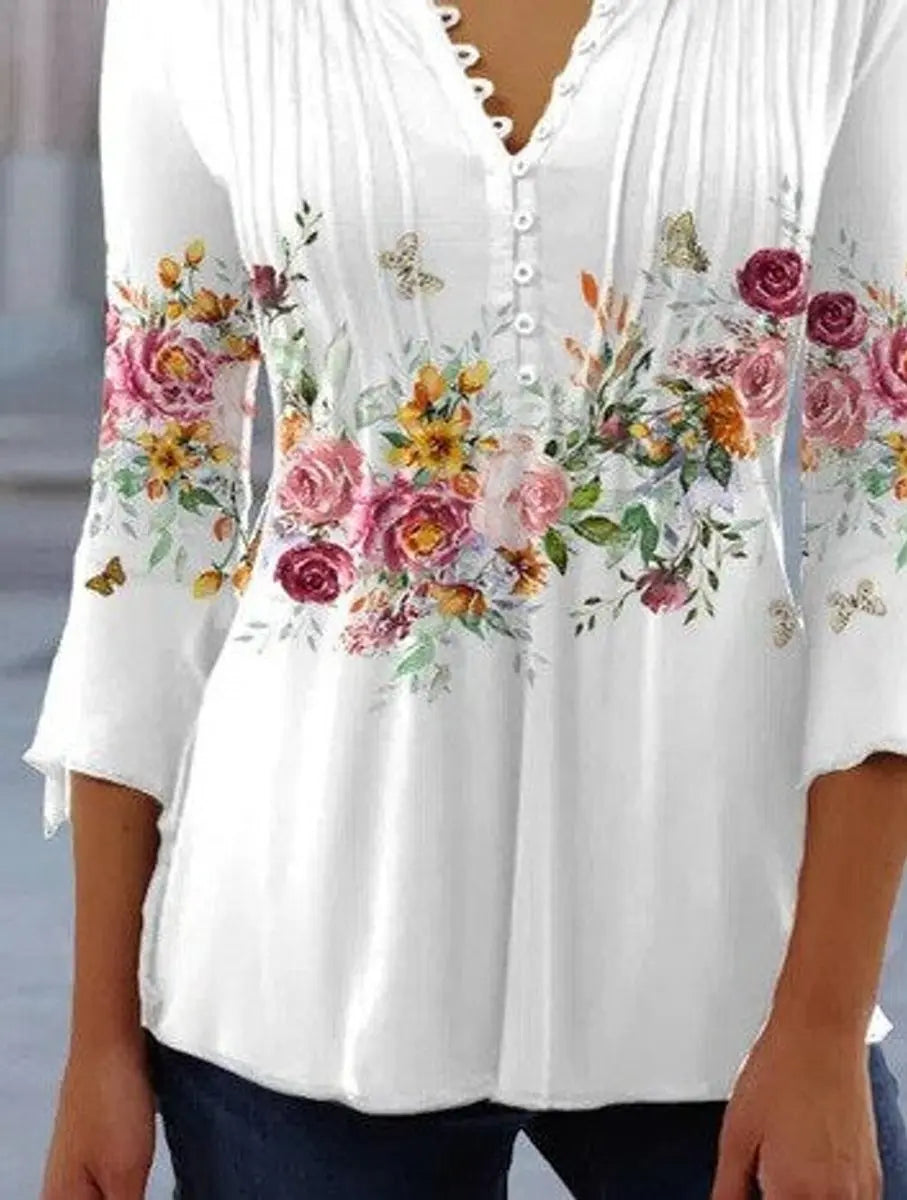 Women's Relaxed-Fit Floral Long-Sleeve Henley Blouse