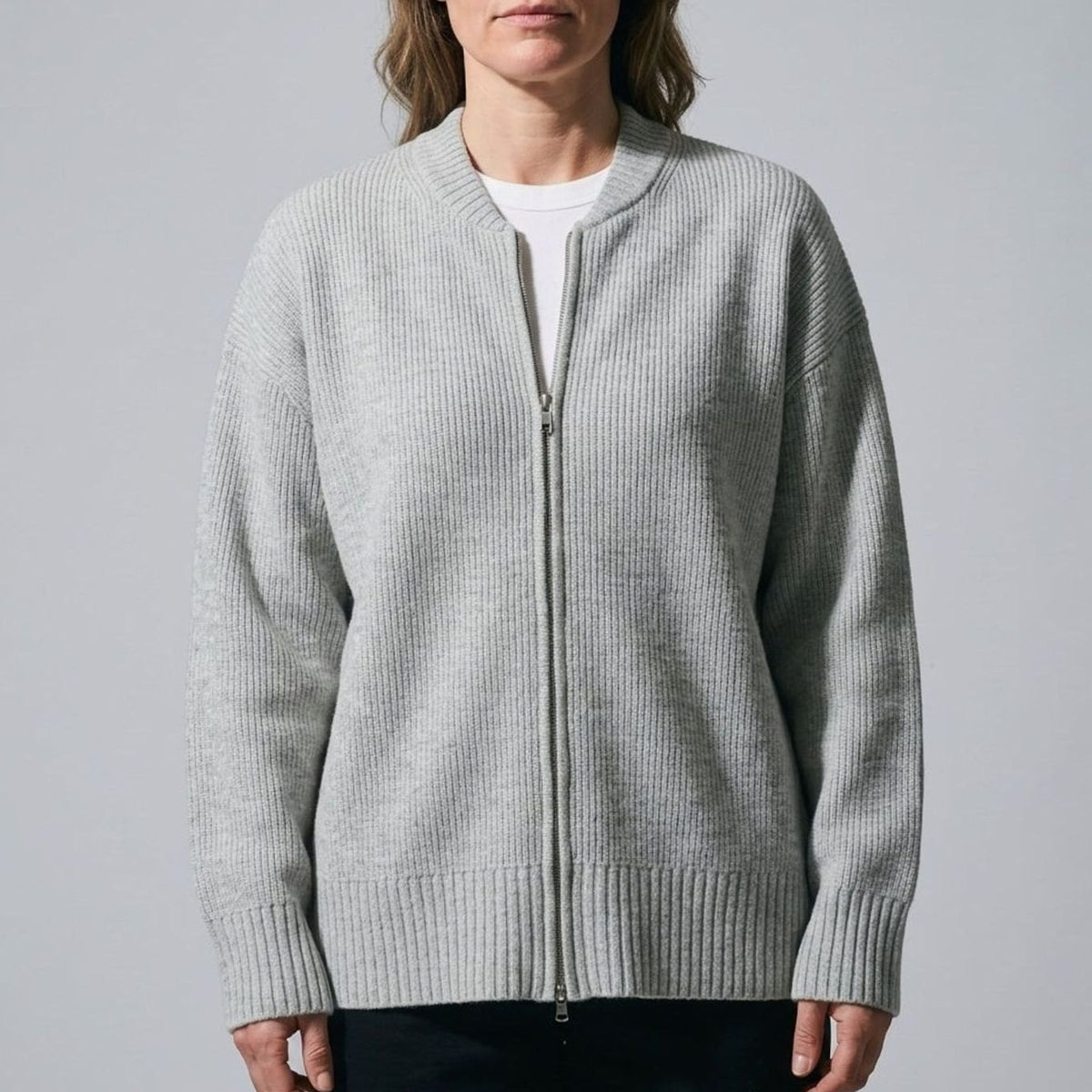 Women's Relaxed-Fit Full-Zip Ribbed Knit Cardigan - Silver Grey