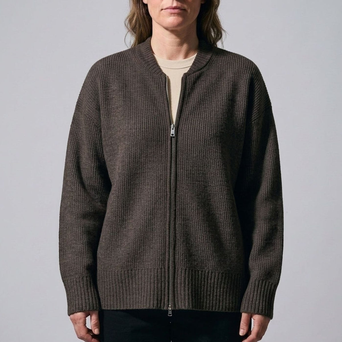 Women's Relaxed-Fit Full-Zip Ribbed Knit Cardigan - Coffee