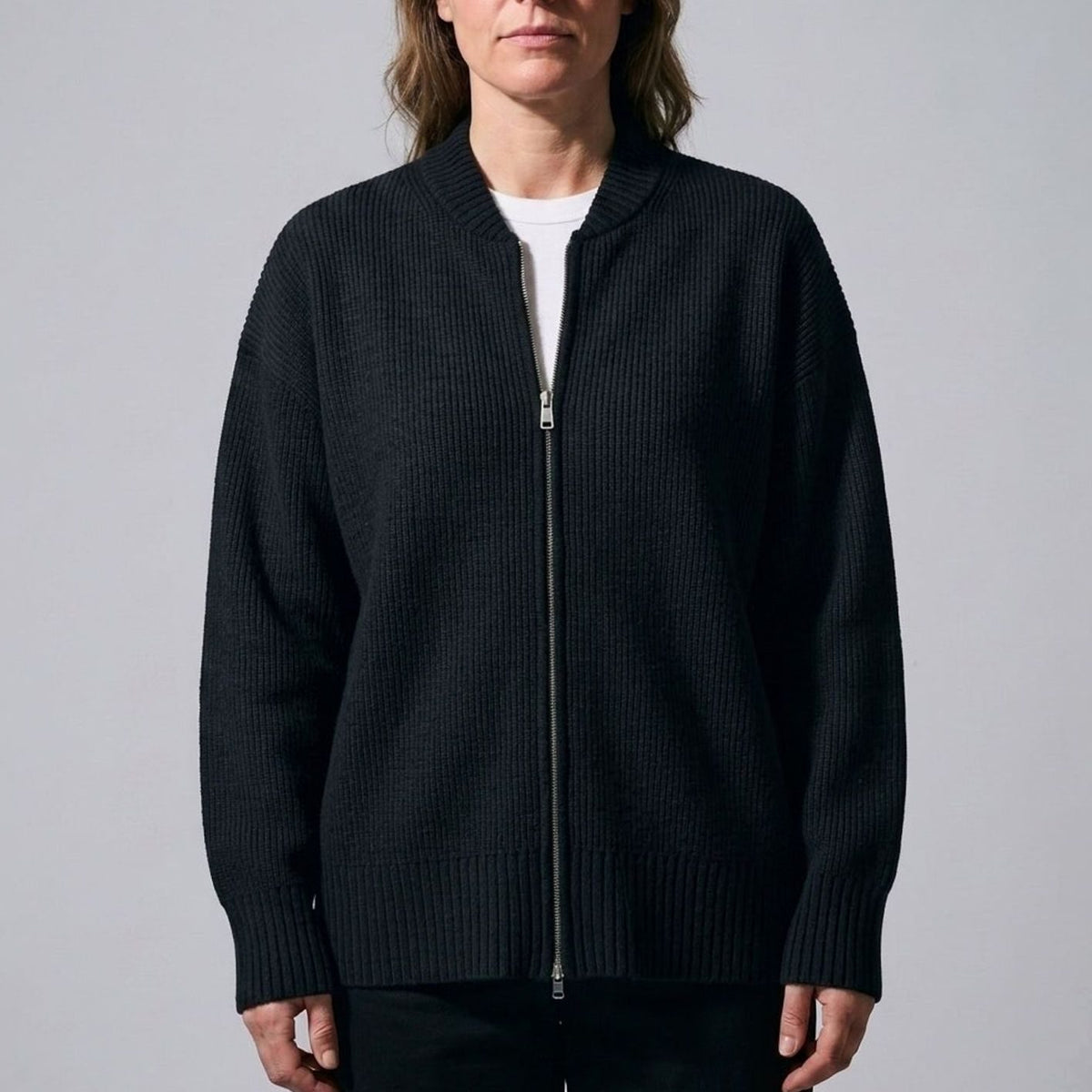 Women's Relaxed-Fit Full-Zip Ribbed Knit Cardigan - Black