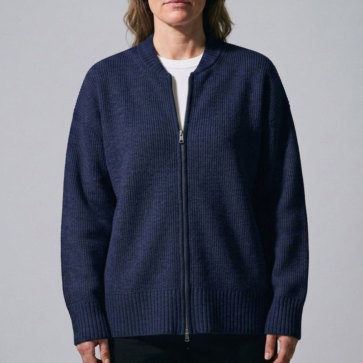 Women's Relaxed-Fit Full-Zip Ribbed Knit Cardigan - Navy Blue
