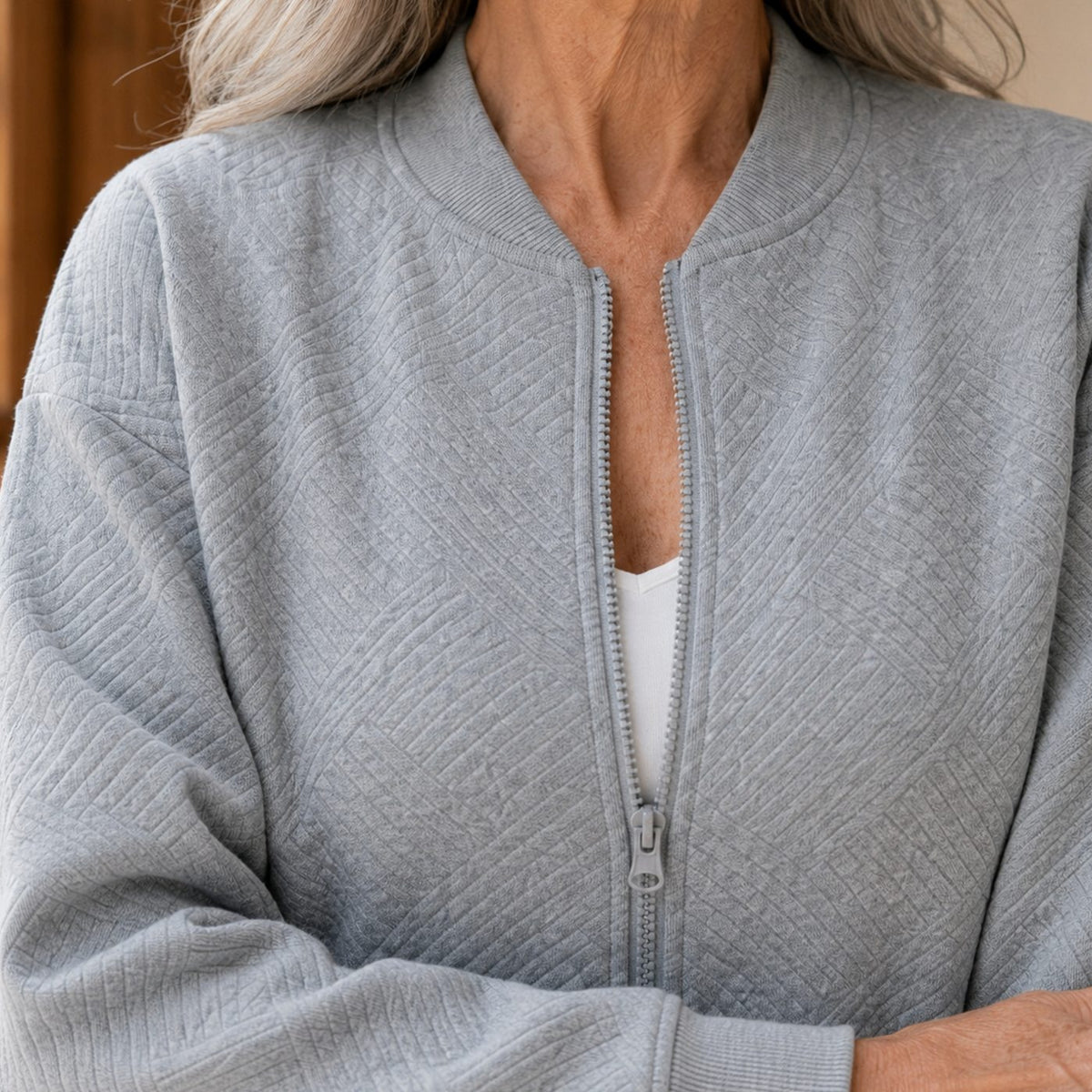 Women's Relaxed-Fit Geometric-Texture Full-Zip Bomber Jacket