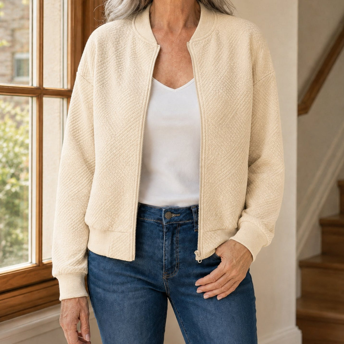 Women's Relaxed-Fit Geometric-Texture Full-Zip Bomber Jacket - Beige