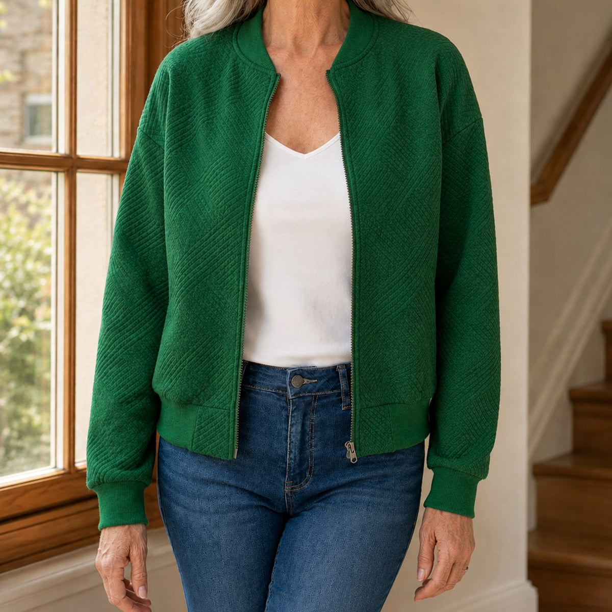 Women's Relaxed-Fit Geometric-Texture Full-Zip Bomber Jacket - Green