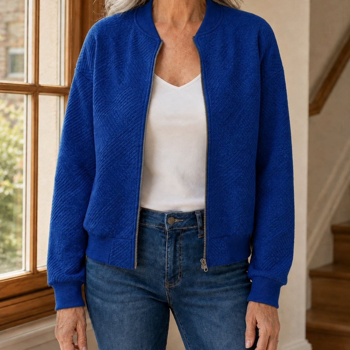 Women's Relaxed-Fit Geometric-Texture Full-Zip Bomber Jacket - Blue