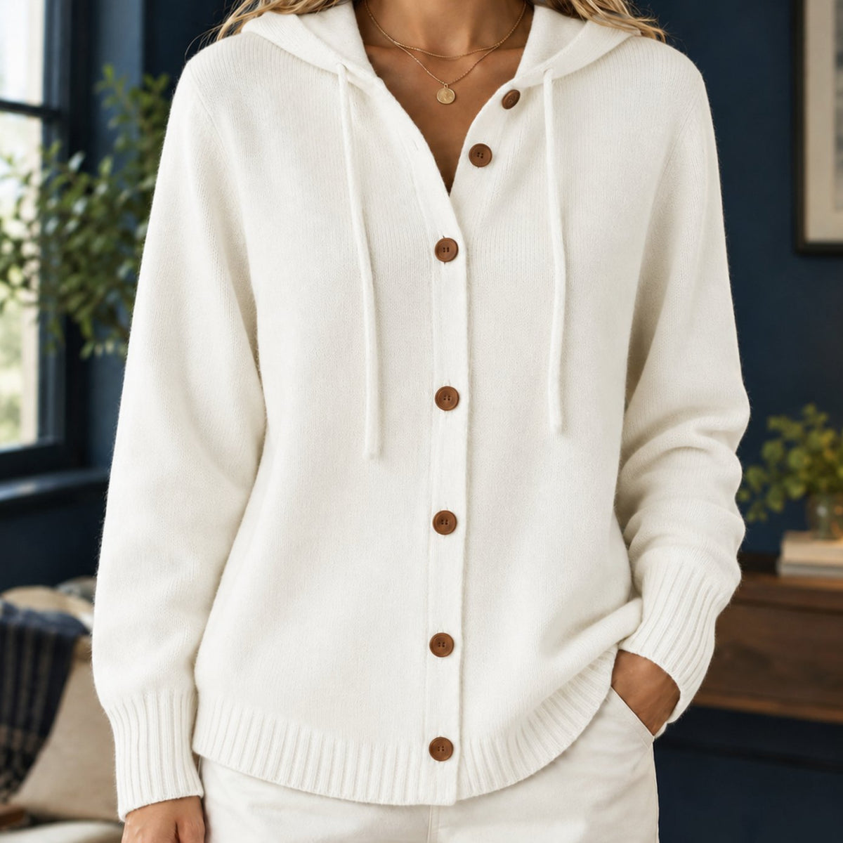 Women's Relaxed-Fit Hooded Button-Front Knit Cardigan - White
