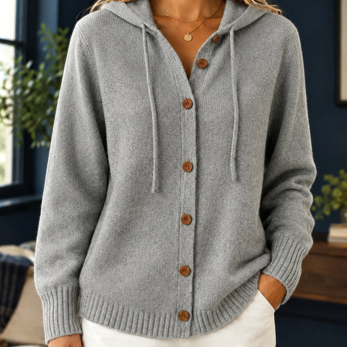 Women's Relaxed-Fit Hooded Button-Front Knit Cardigan - Grey