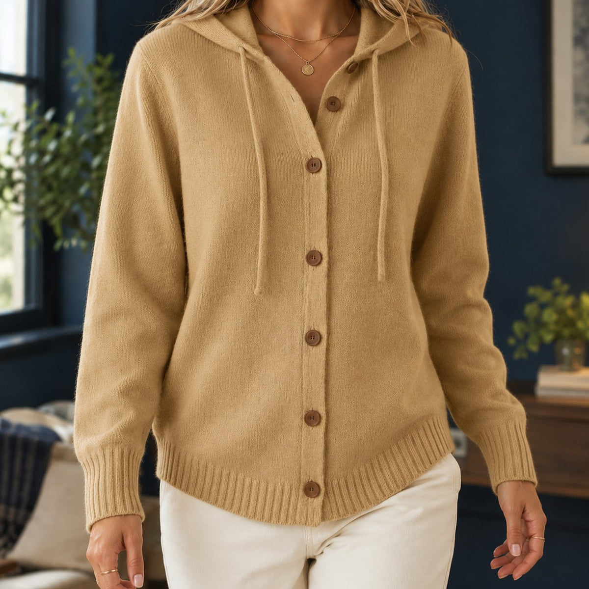 Women's Relaxed-Fit Hooded Button-Front Knit Cardigan - Khaki